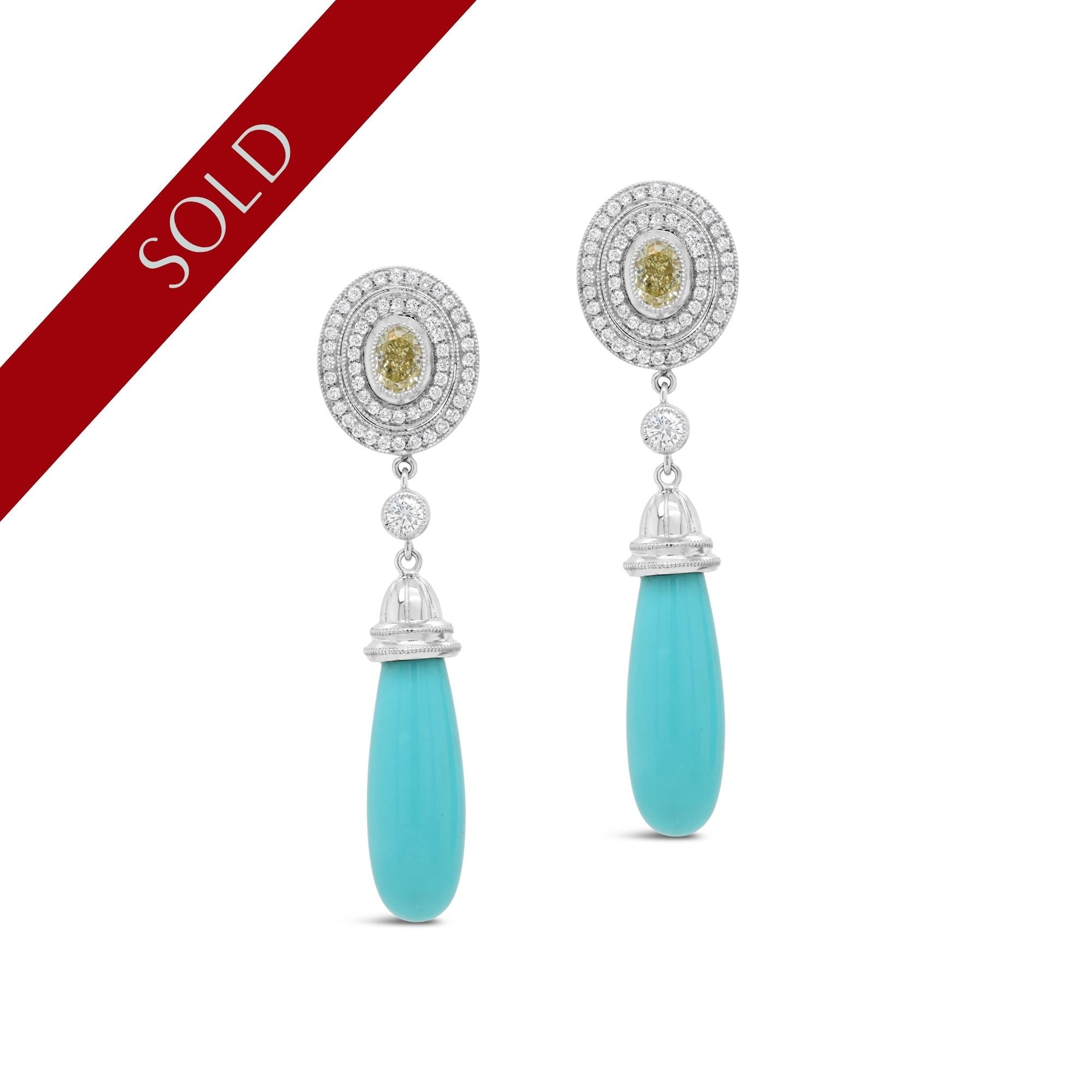 Yellow & White Diamond & Turquoise Drop Earrings