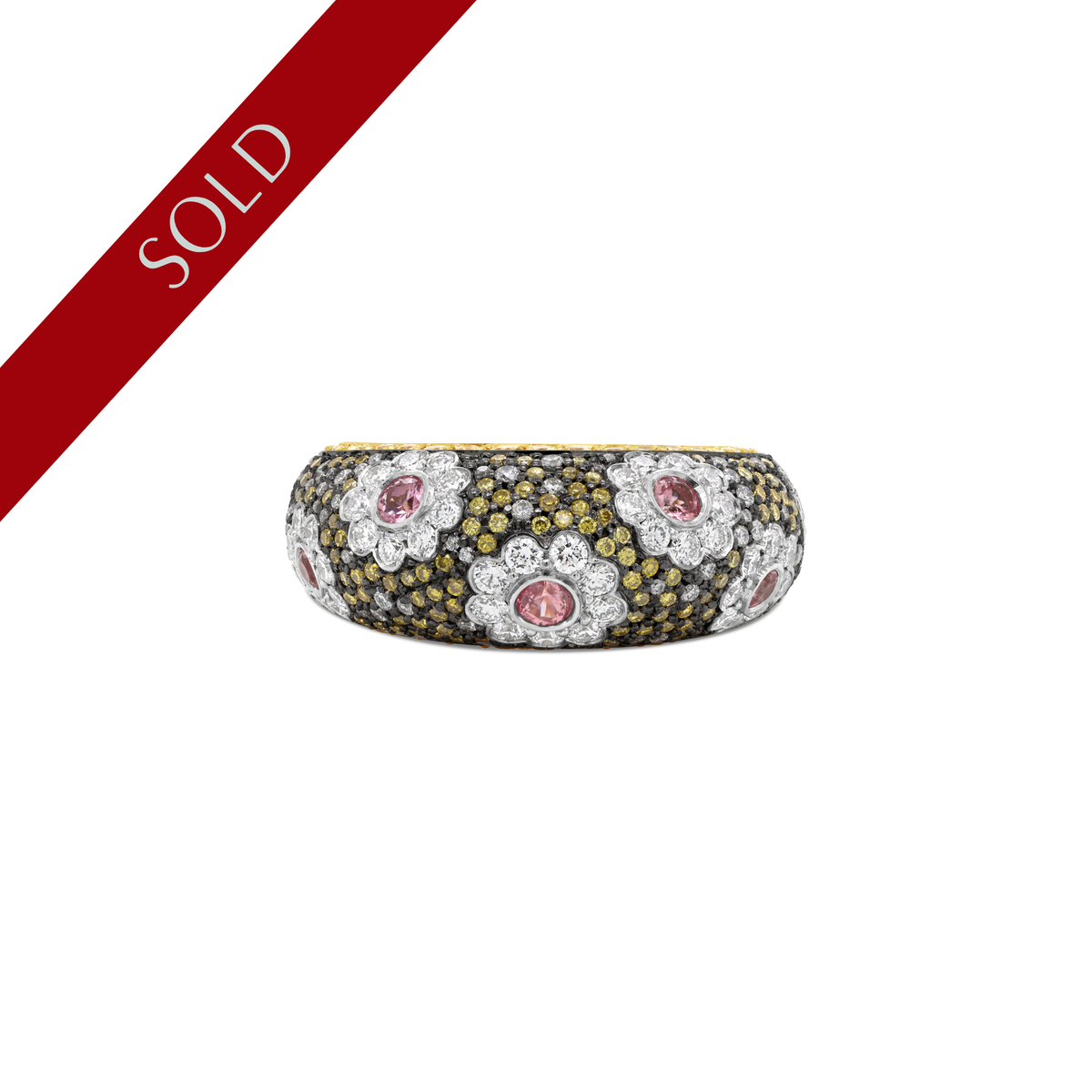 Padparadscha Sapphire, Yellow and White Diamond Floral Araluen Ring