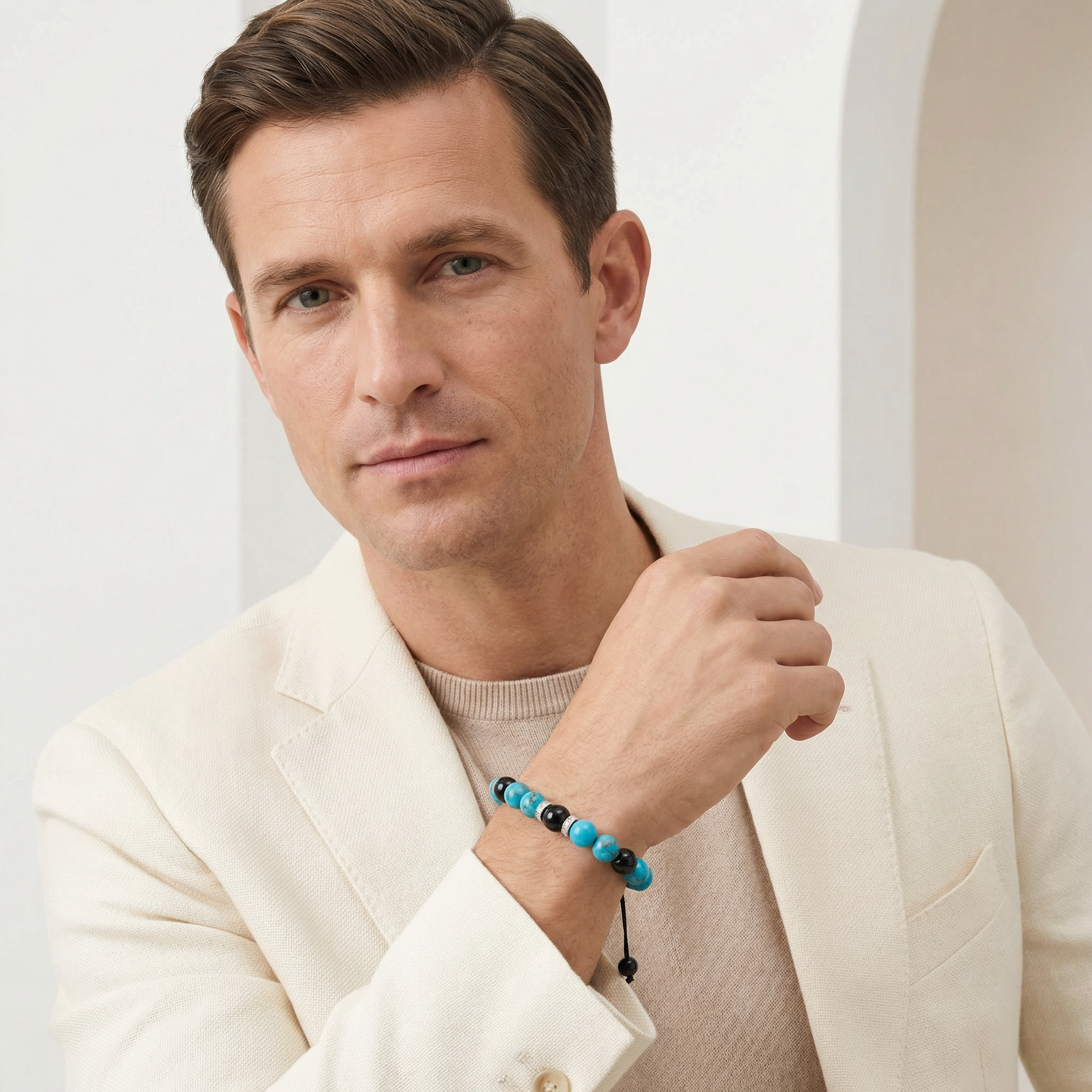 Turquoise, Obsidian & Diamond Set Bead Bracelet