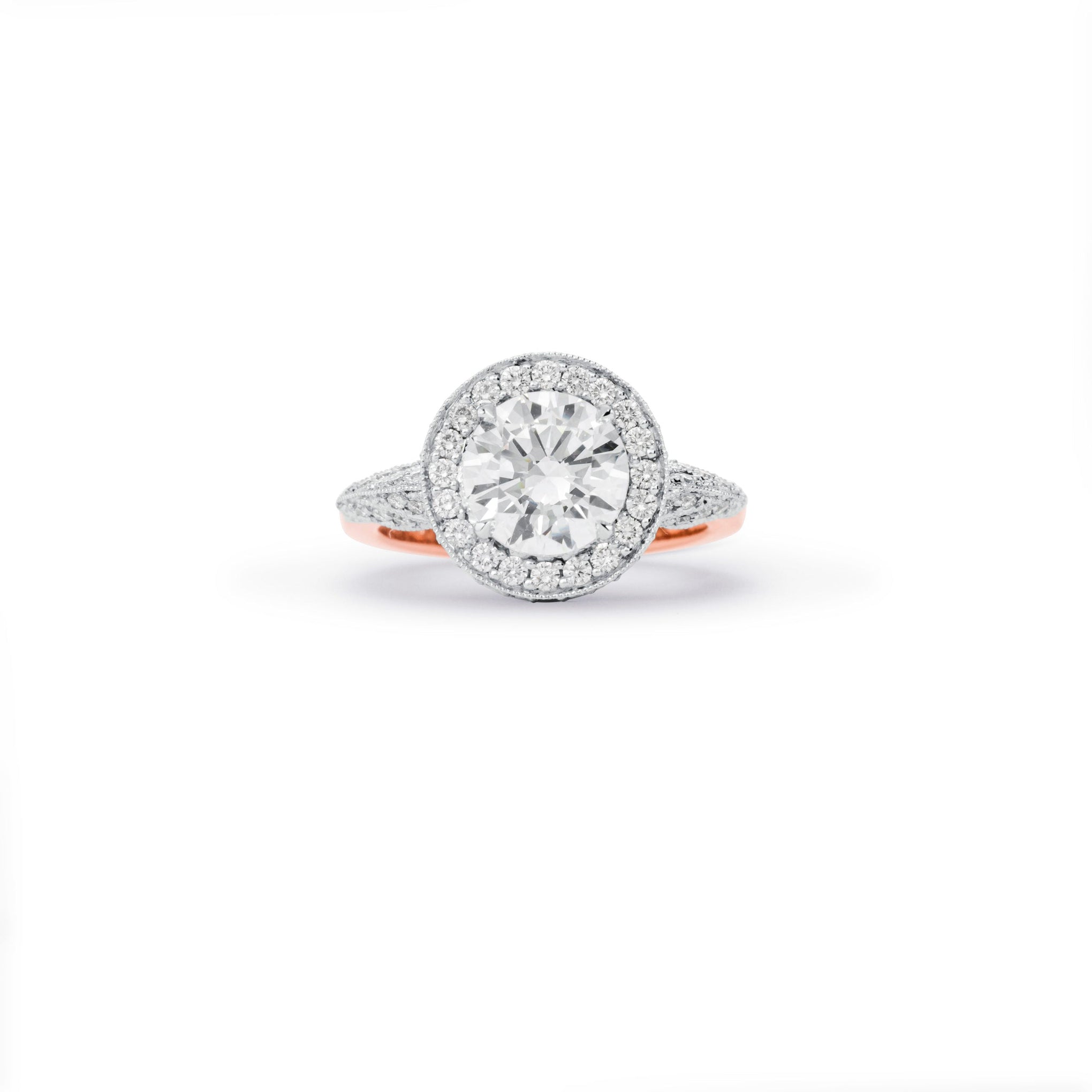 Claw-Set Round Brilliant Cut Diamond & Halo with Diamond Shoulders Engagement Ring