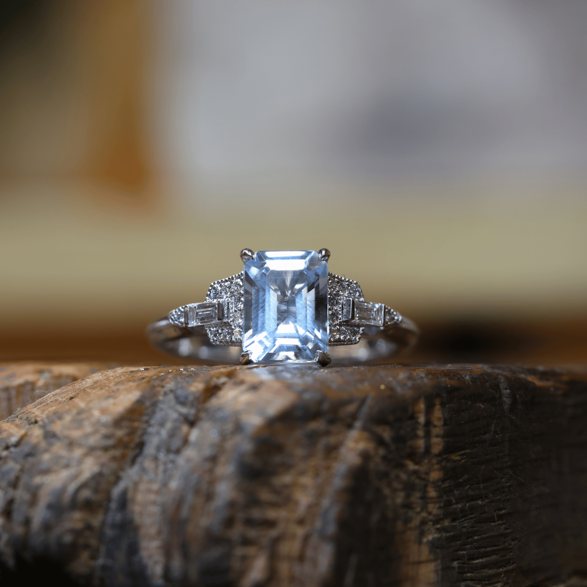 Emerald Cut Aquamarine & Mixed Cut Diamond Ring