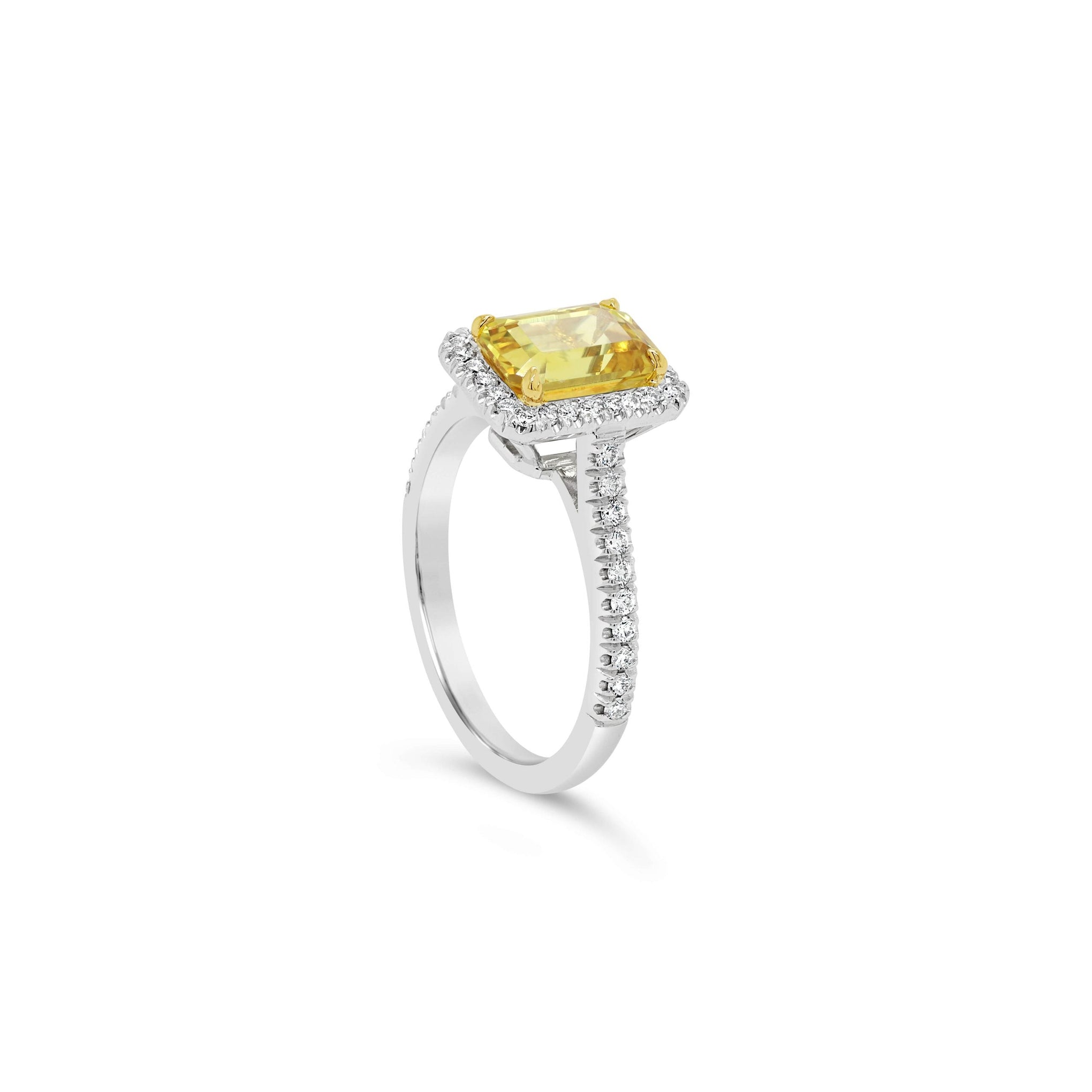 Emerald Cut Yellow Sapphire & Diamond Halo Engagement Ring