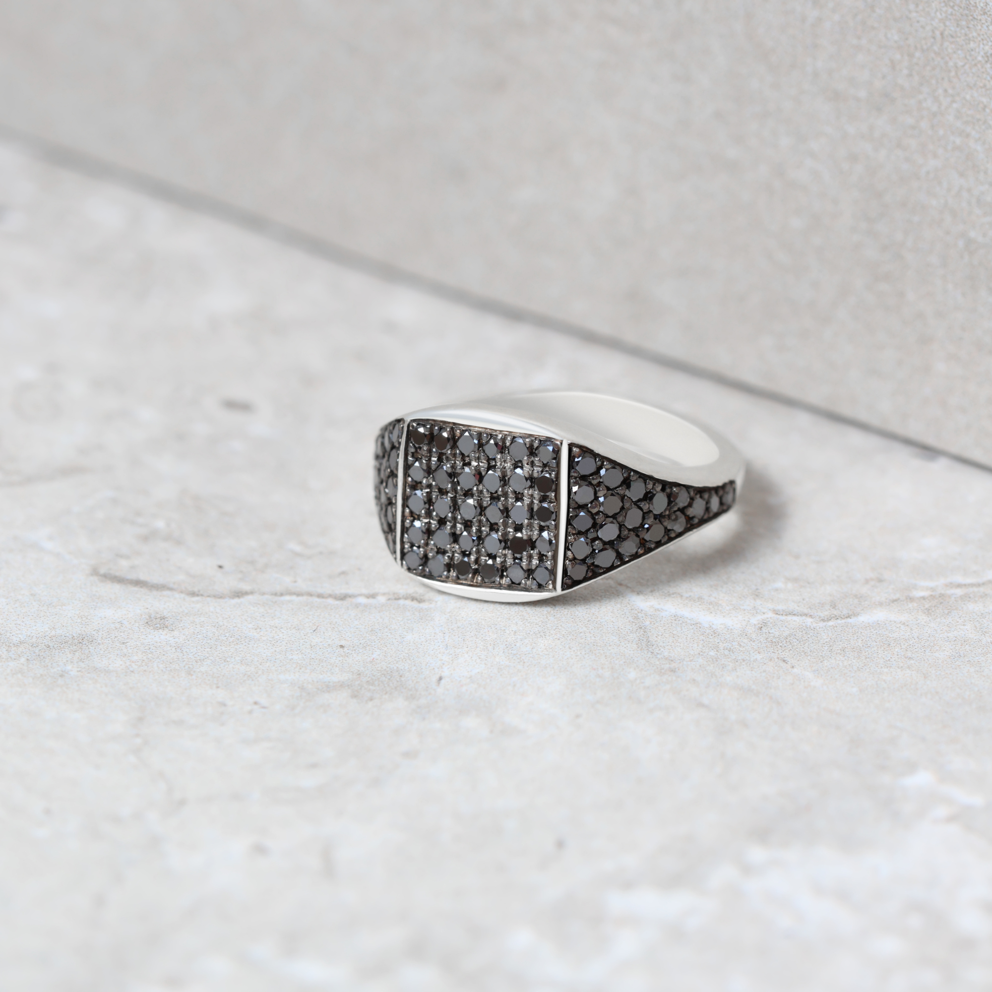 Pavé set black diamond sterling silver signet ring