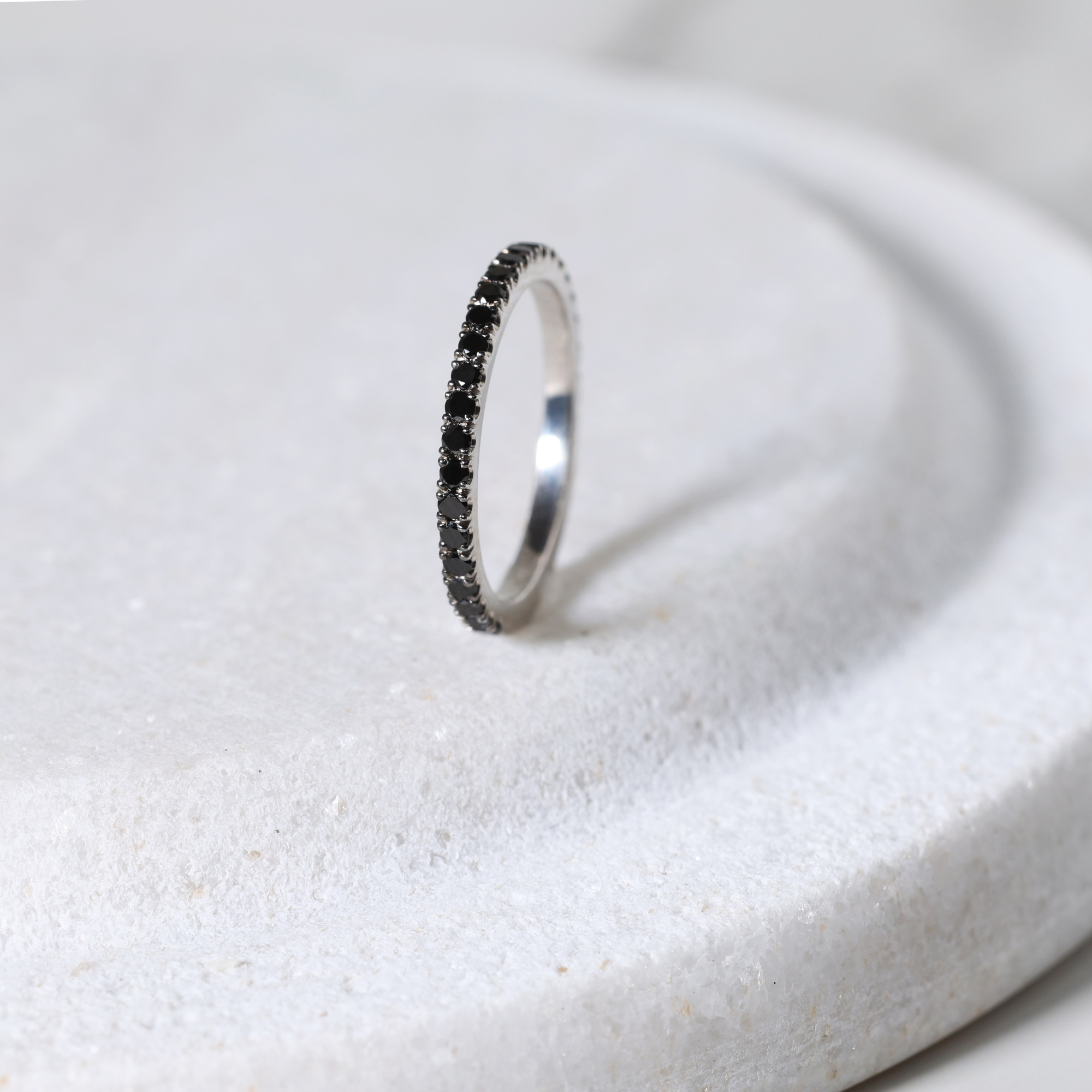 Castle-Set Round Brilliant Cut Black Diamond Ring - 18ct White Gold