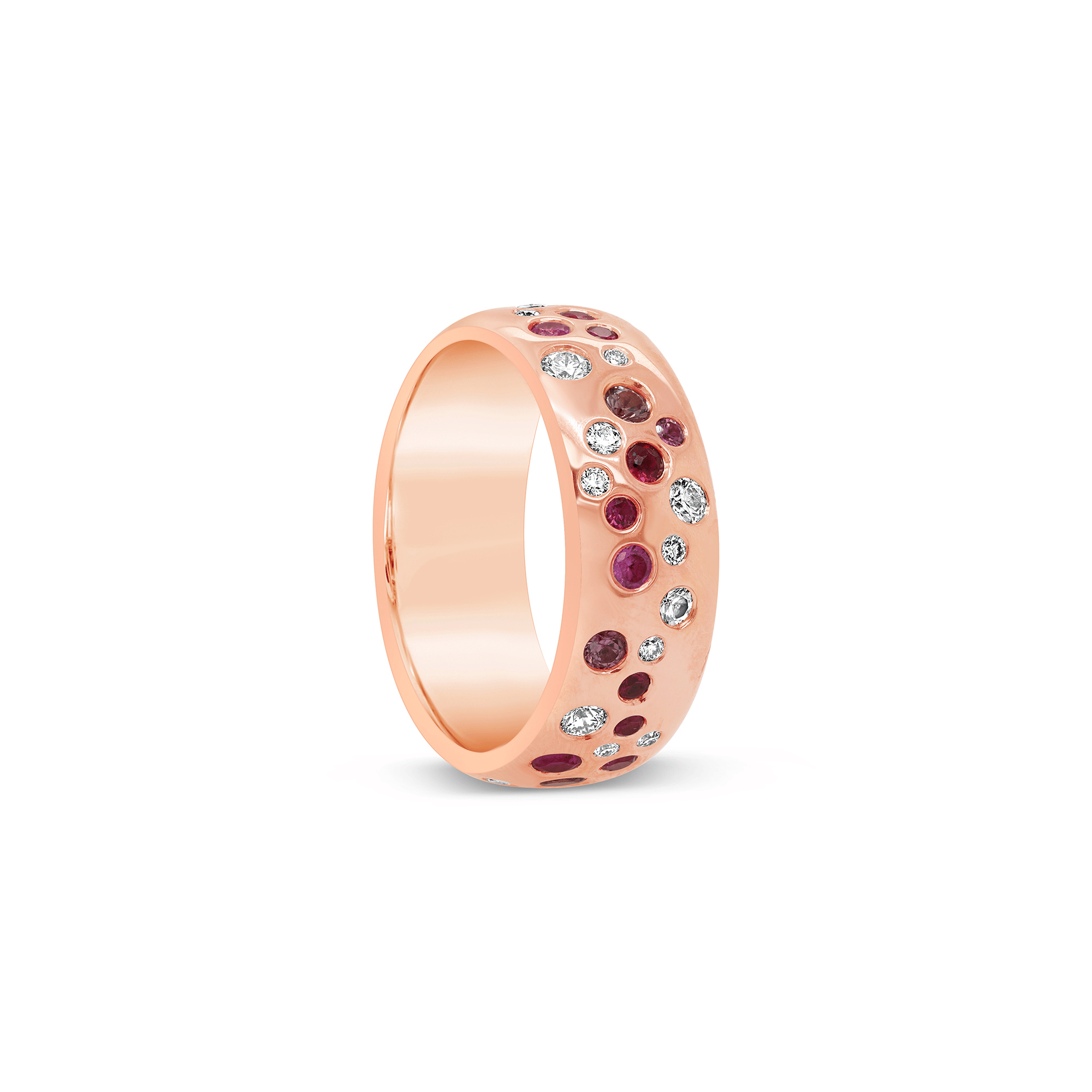 Hammer-Set Round Brilliant Cut Ruby, Pink Sapphire & Diamond Badurru Ring - 18ct Rose Gold