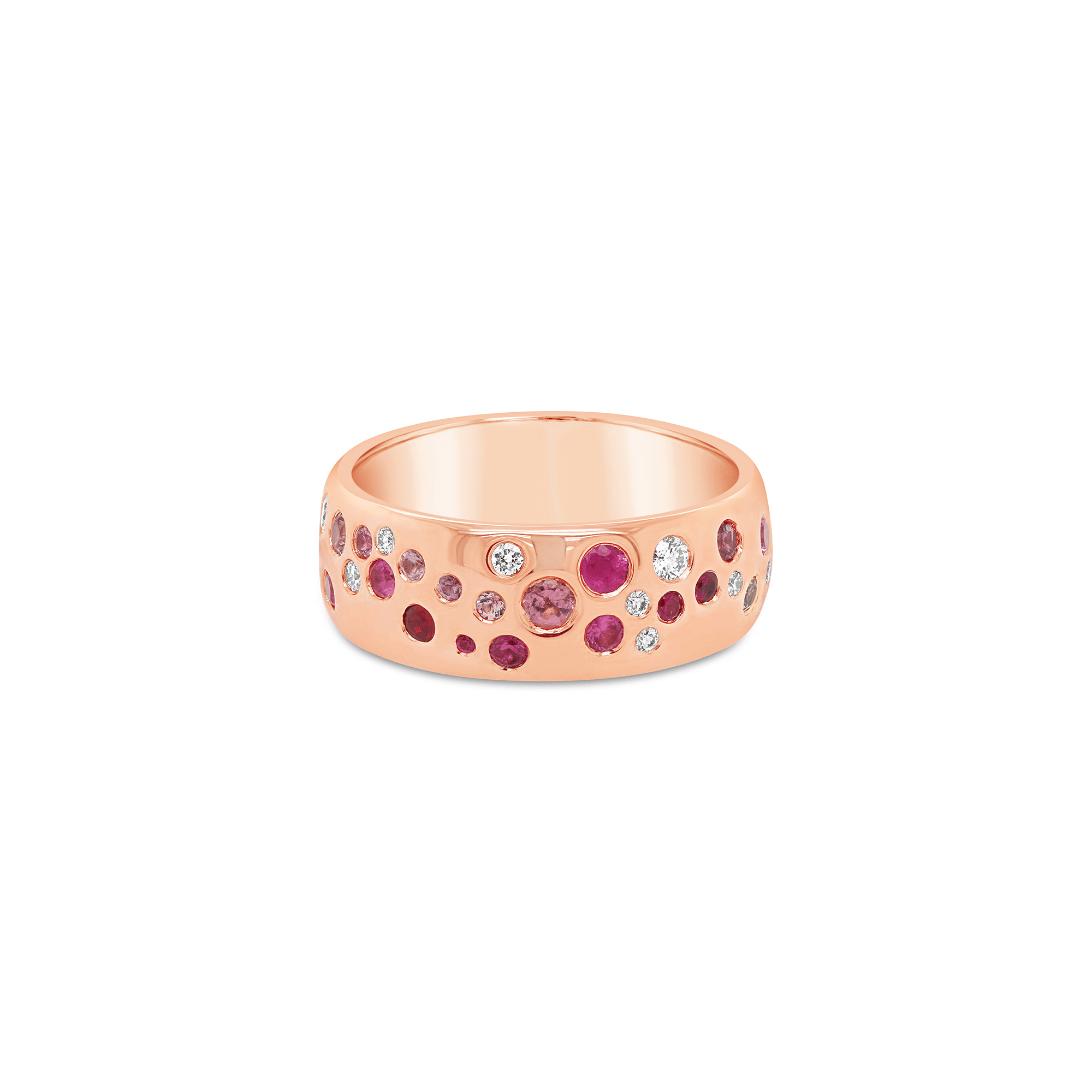 Hammer-Set Round Brilliant Cut Ruby, Pink Sapphire & Diamond Badurru Ring - 18ct Rose Gold