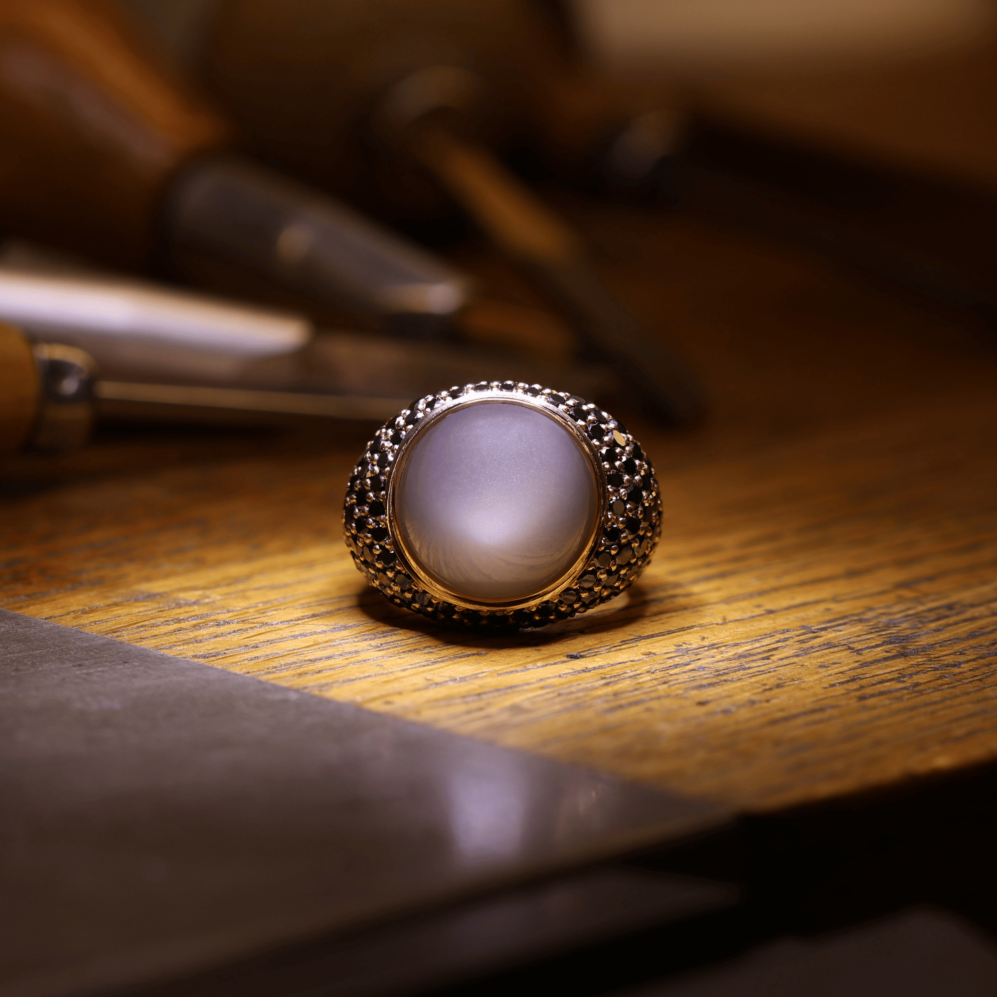 Bezel Set Cabochon Grey Moonstone & Black Diamond Ring
