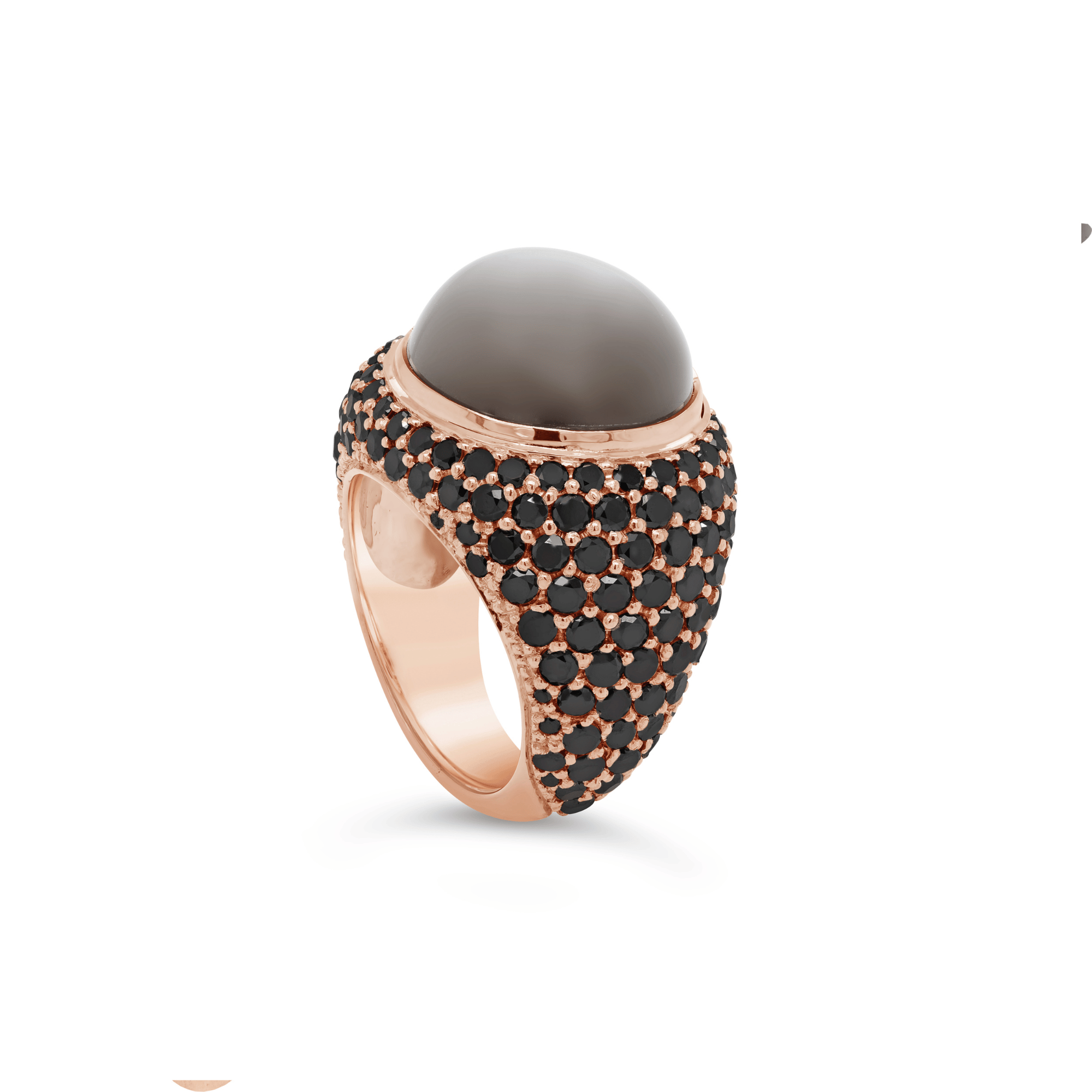 Bezel Set Cabochon Grey Moonstone & Black Diamond Ring