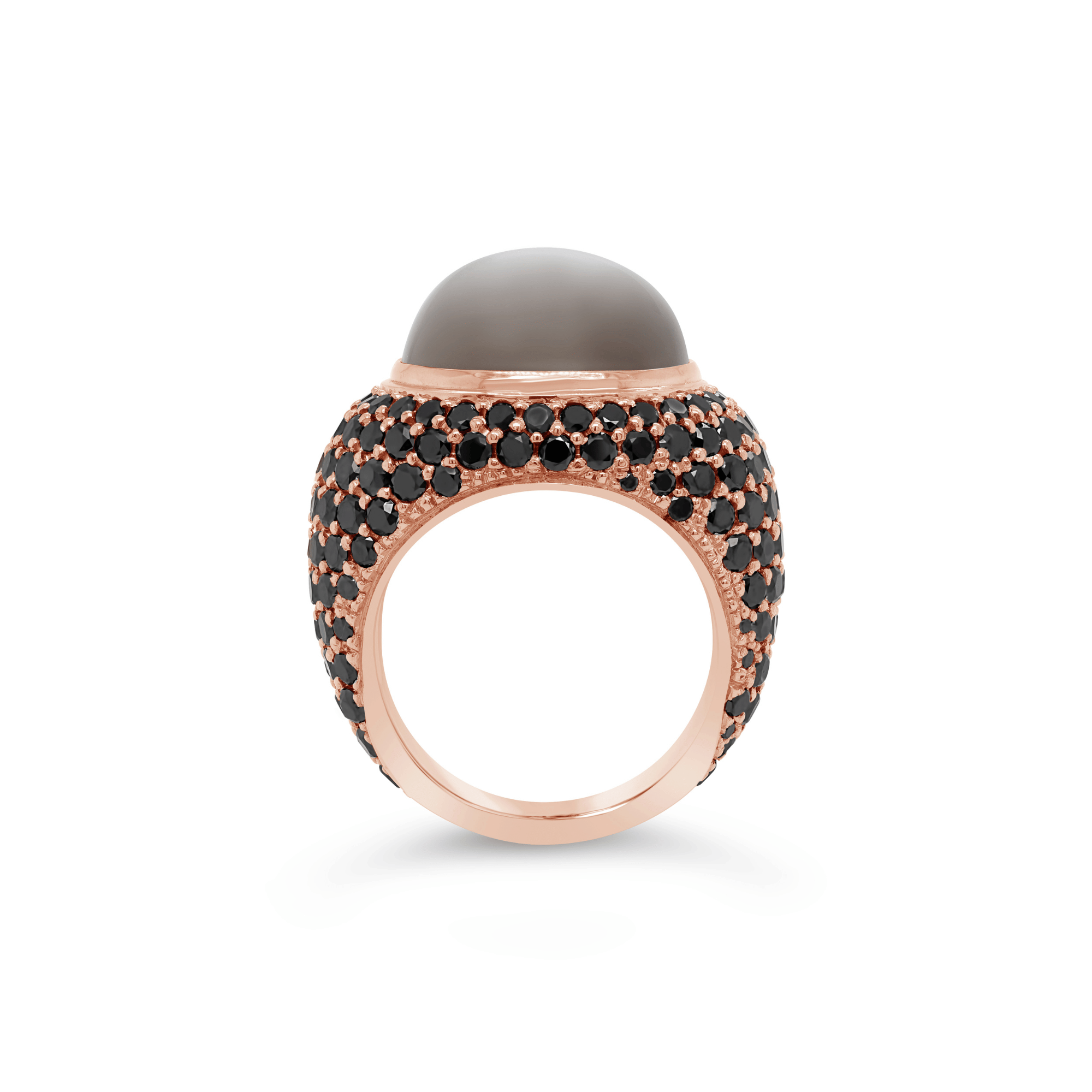 Bezel Set Cabochon Grey Moonstone & Black Diamond Ring