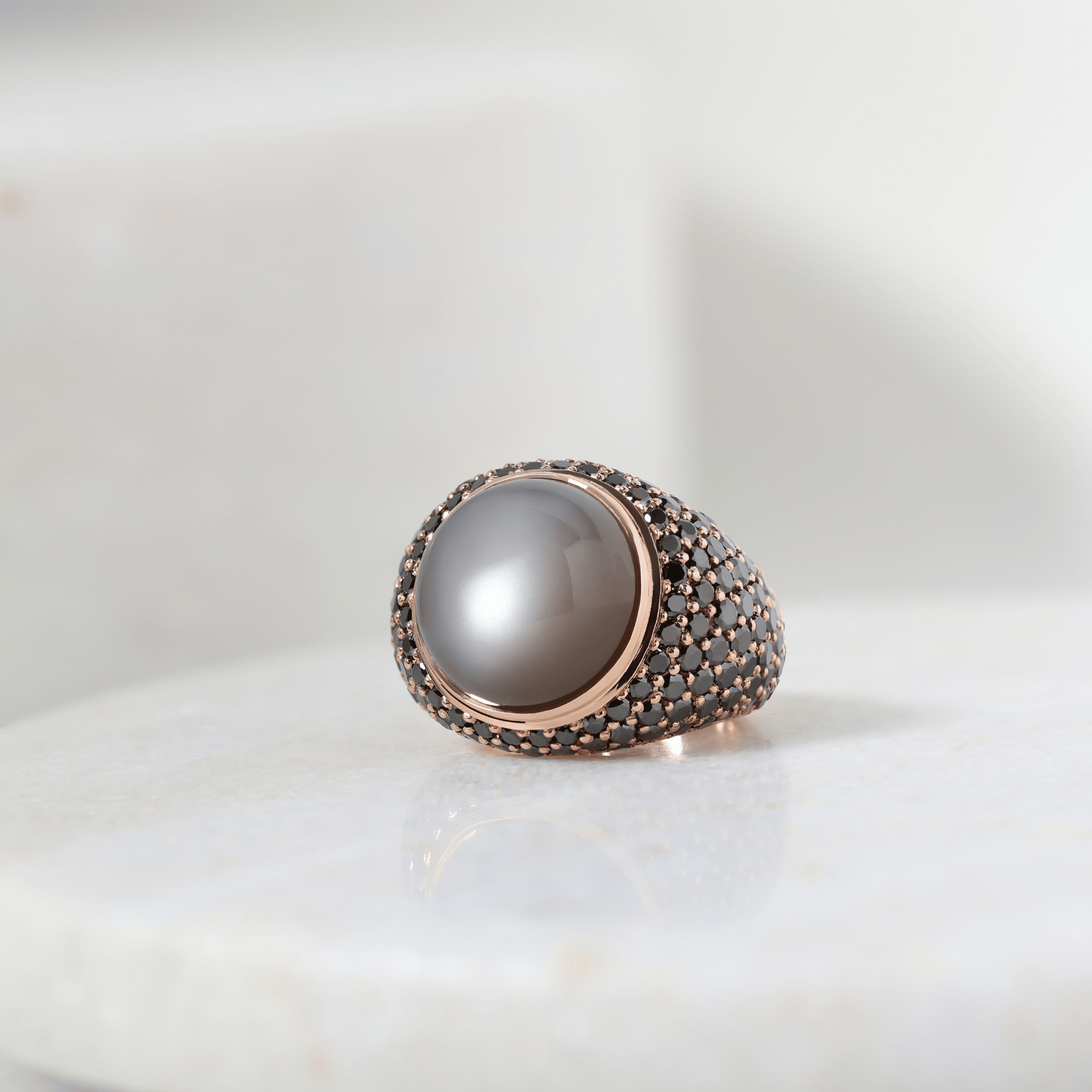 Bezel Set Cabochon Grey Moonstone & Black Diamond Ring