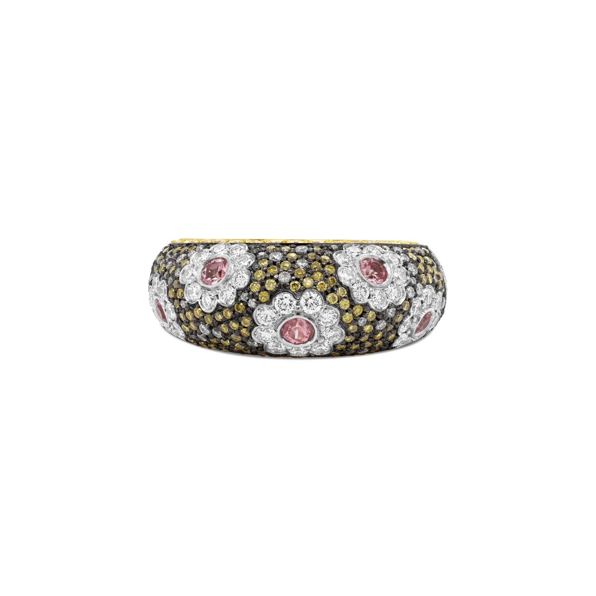 Padparadsha Sapphire, Yellow and White Diamond Floral Araluen Ring
