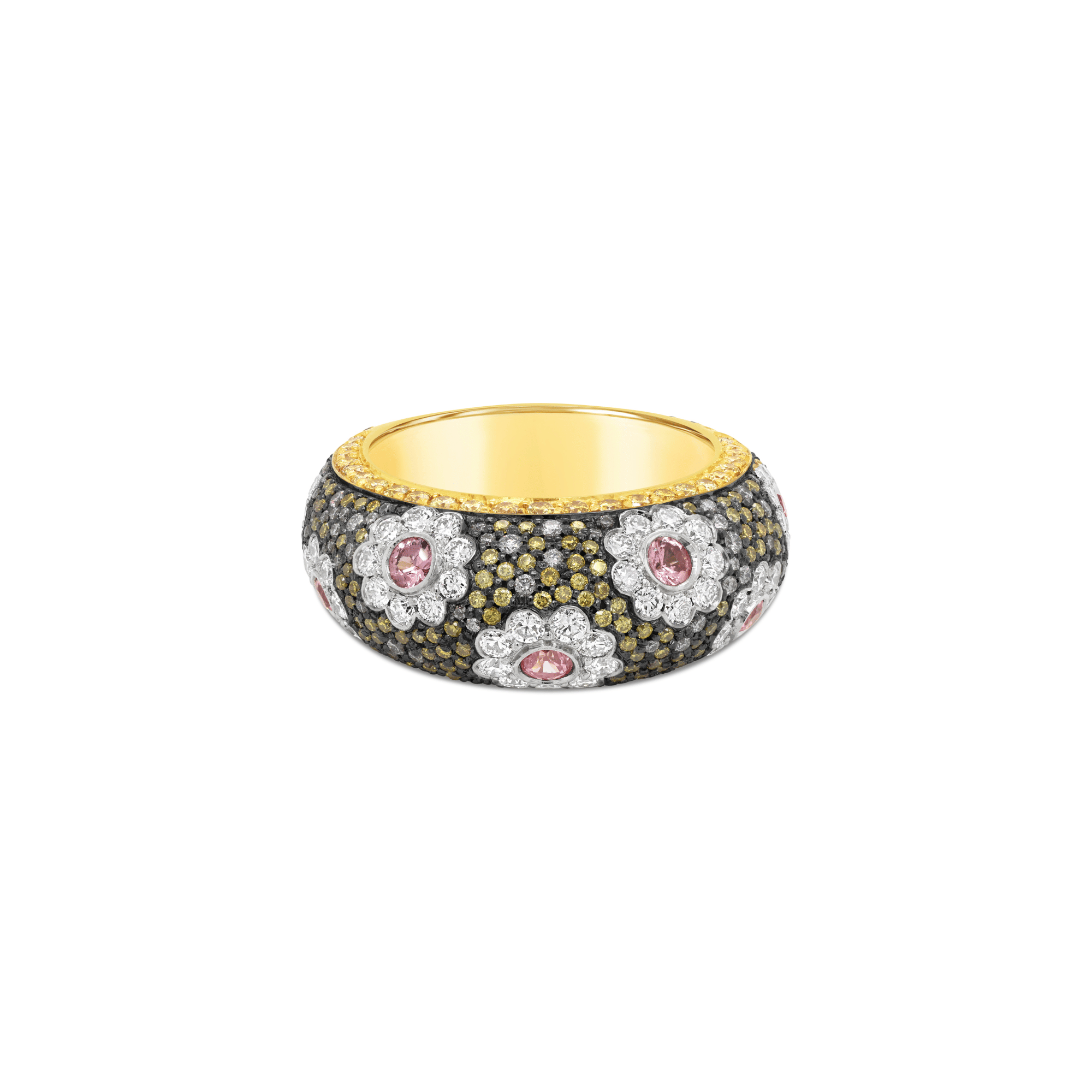 Padparadsha Sapphire, Yellow and White Diamond Floral Araluen Ring