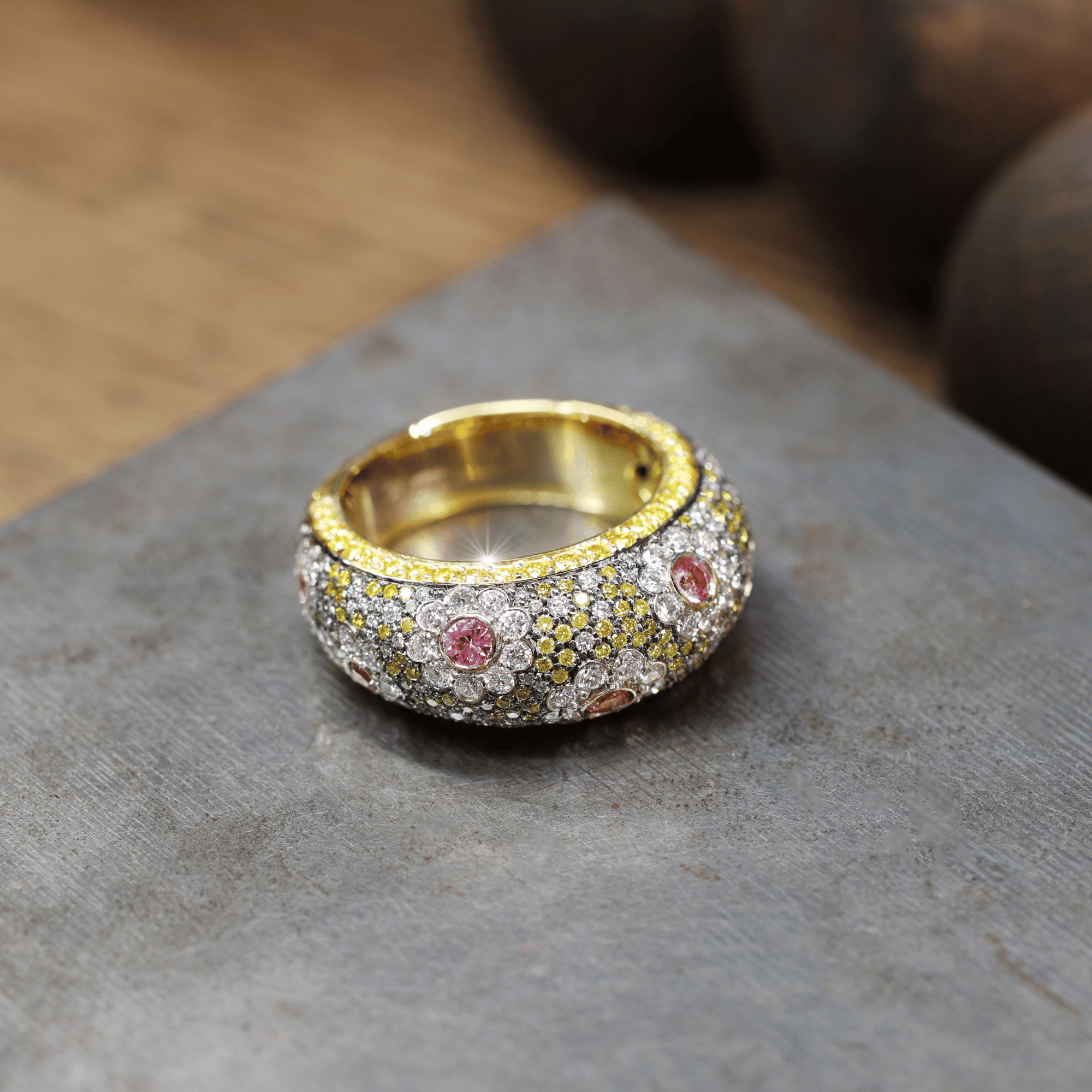 Padparadsha Sapphire, Yellow and White Diamond Floral Araluen Ring