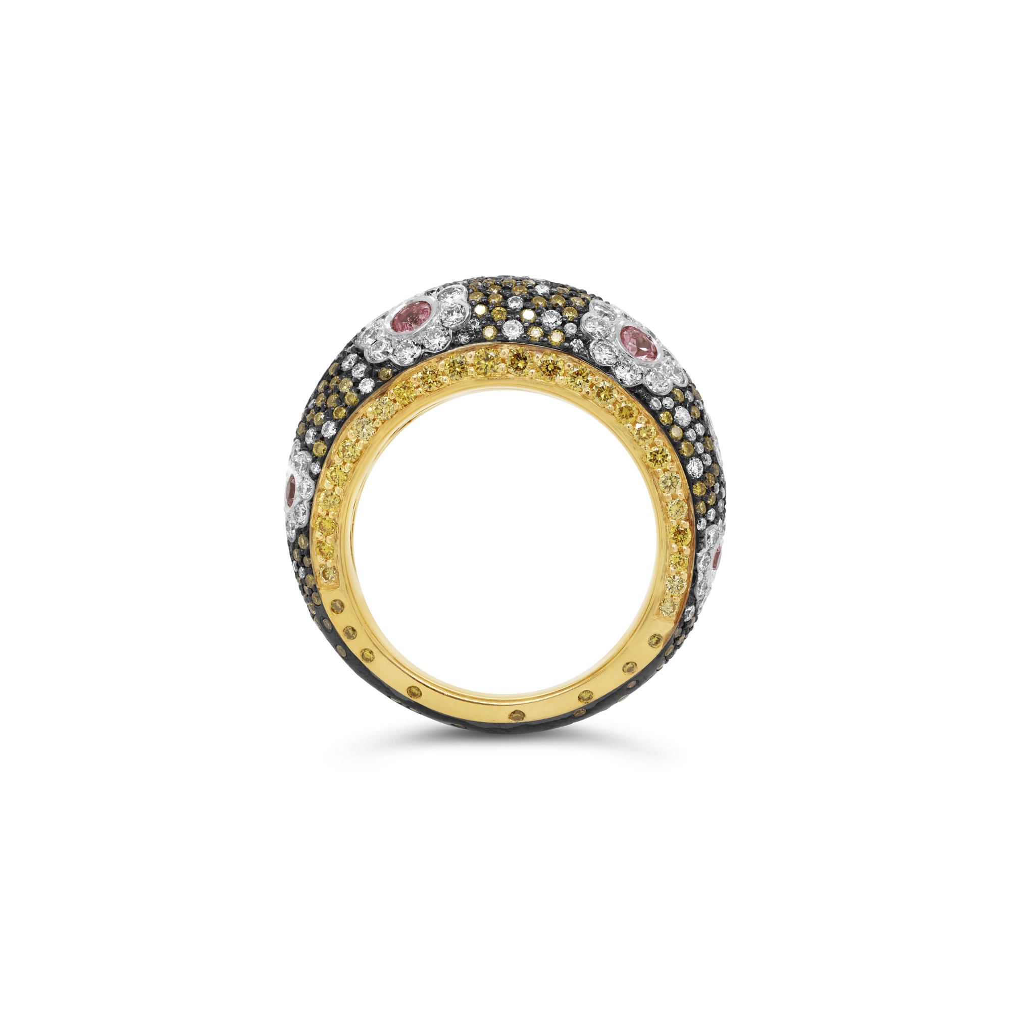 Padparadsha Sapphire, Yellow and White Diamond Floral Araluen Ring