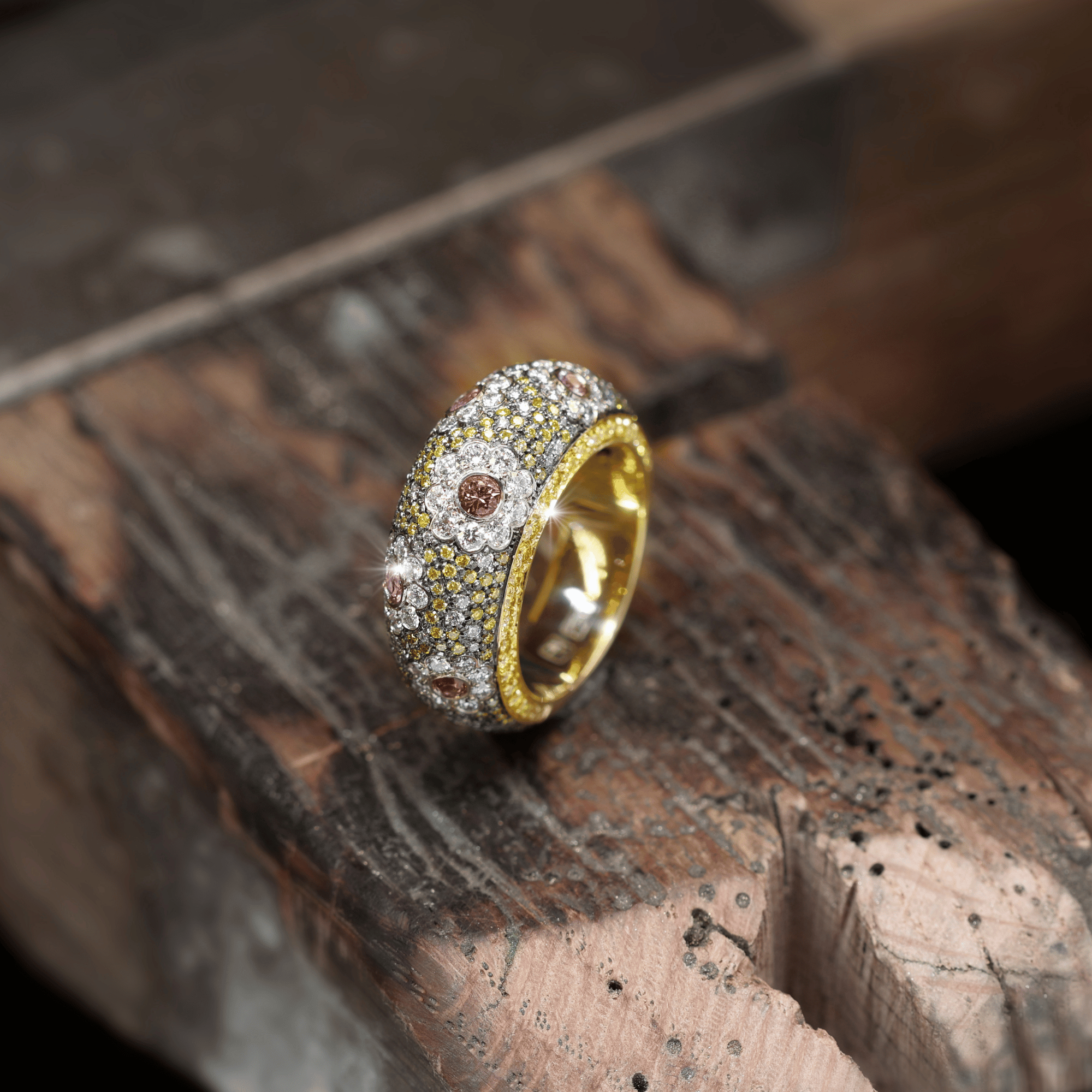Padparadsha Sapphire, Yellow and White Diamond Floral Araluen Ring