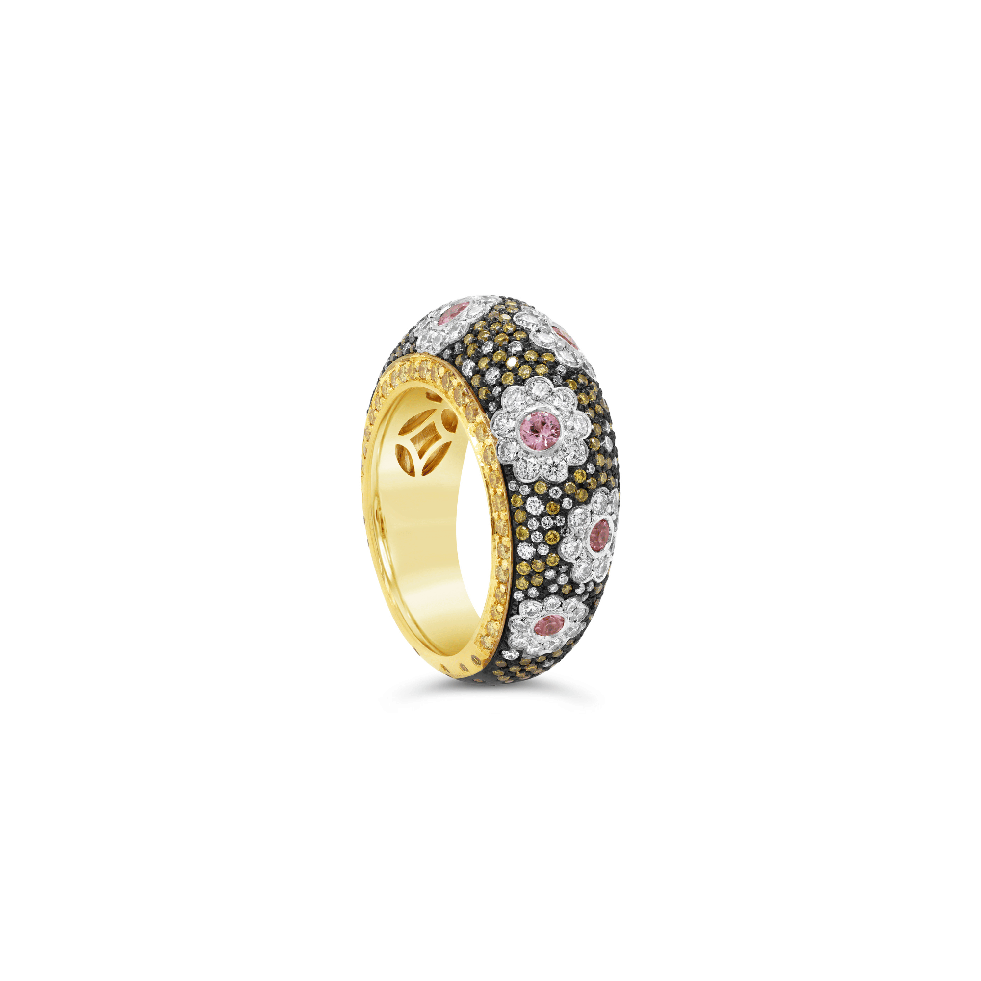 Padparadsha Sapphire, Yellow and White Diamond Floral Araluen Ring