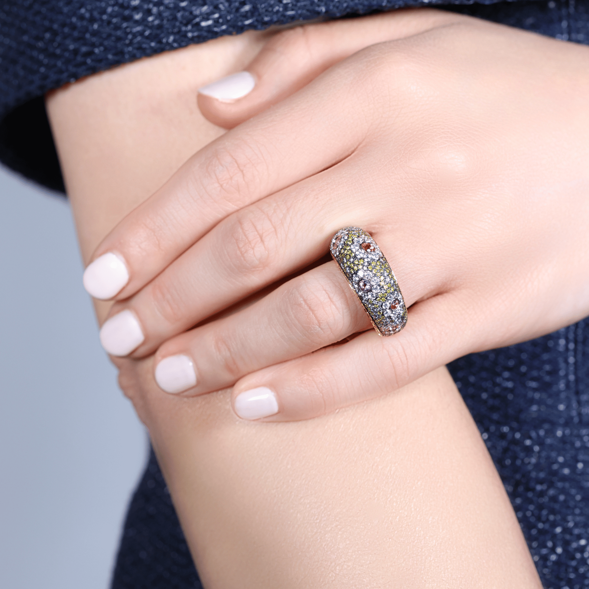 R1542_Padparadsha Sapphire, Yellow and White Diamond Floral Araluen Ring