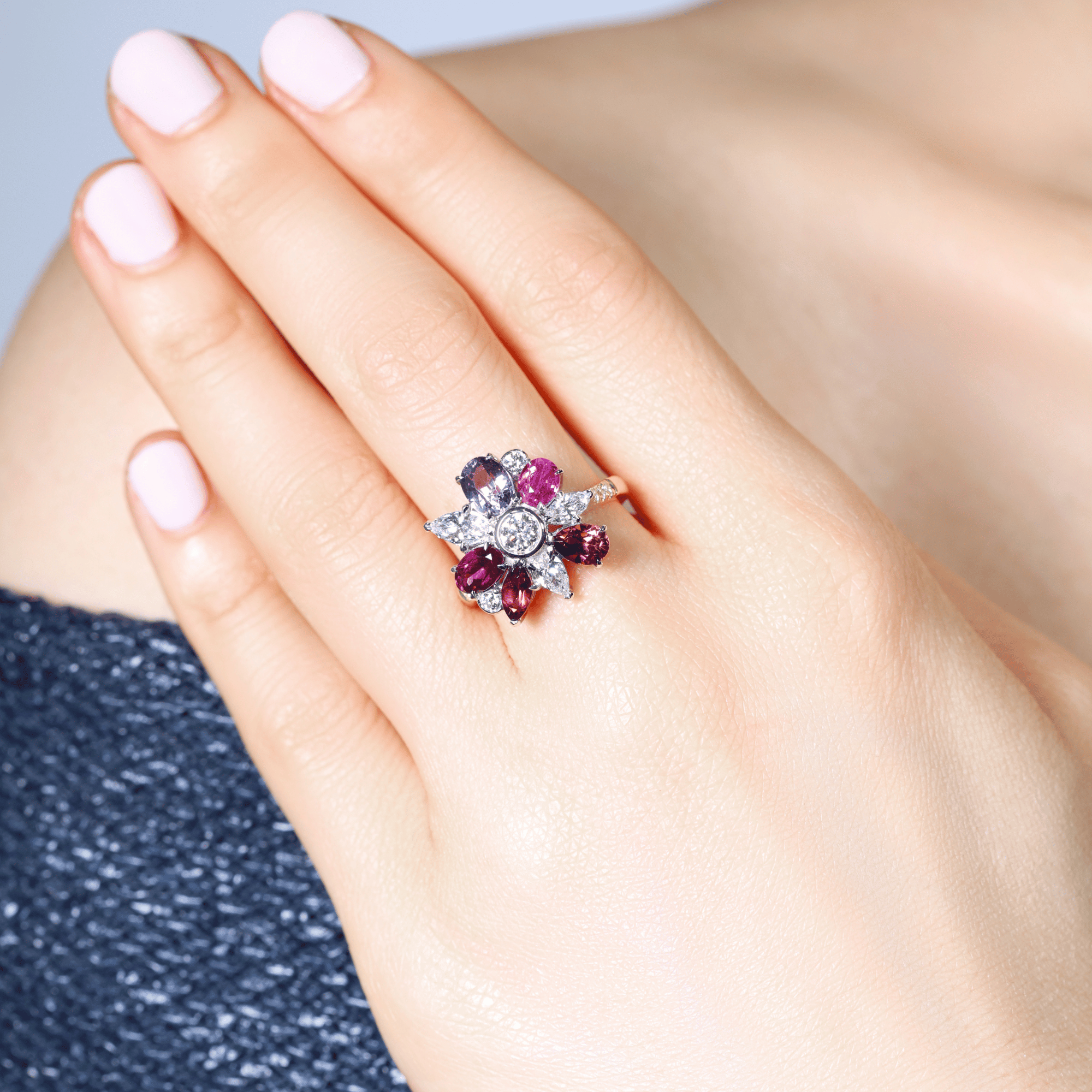 Coloured Morganite, Tourmaline, Spinel, Sapphire & Diamond Ring