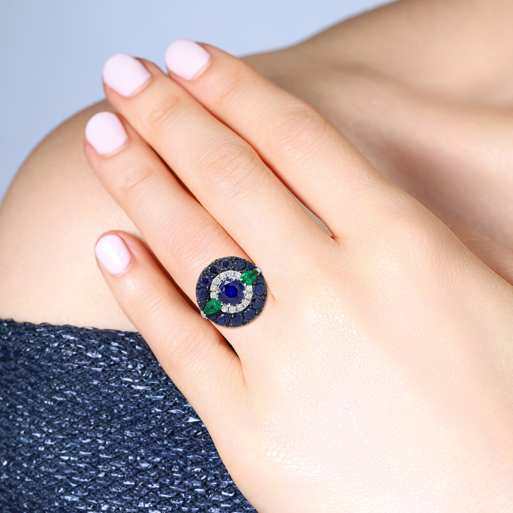 Sapphire, Emerald & Diamond Halo Ring