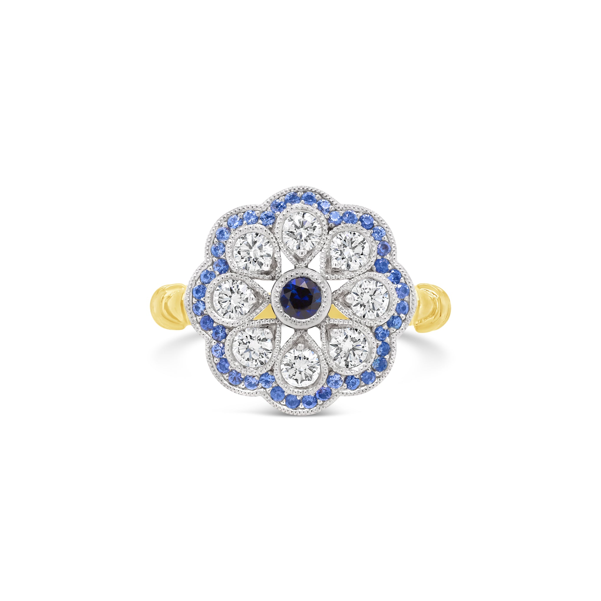 Deco Daisy Ceylon Blue sapphire and Diamond Ring