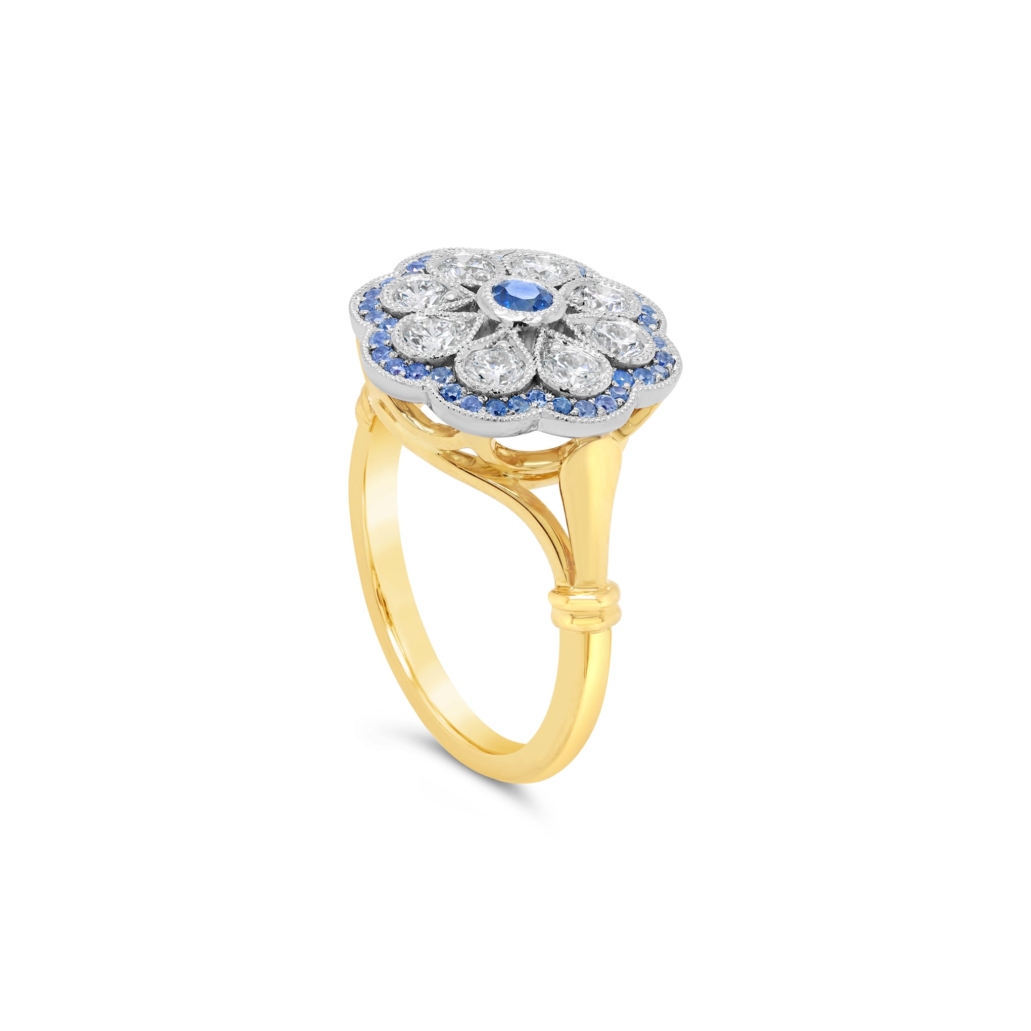 Deco Daisy Ceylon Blue sapphire and Diamond Ring