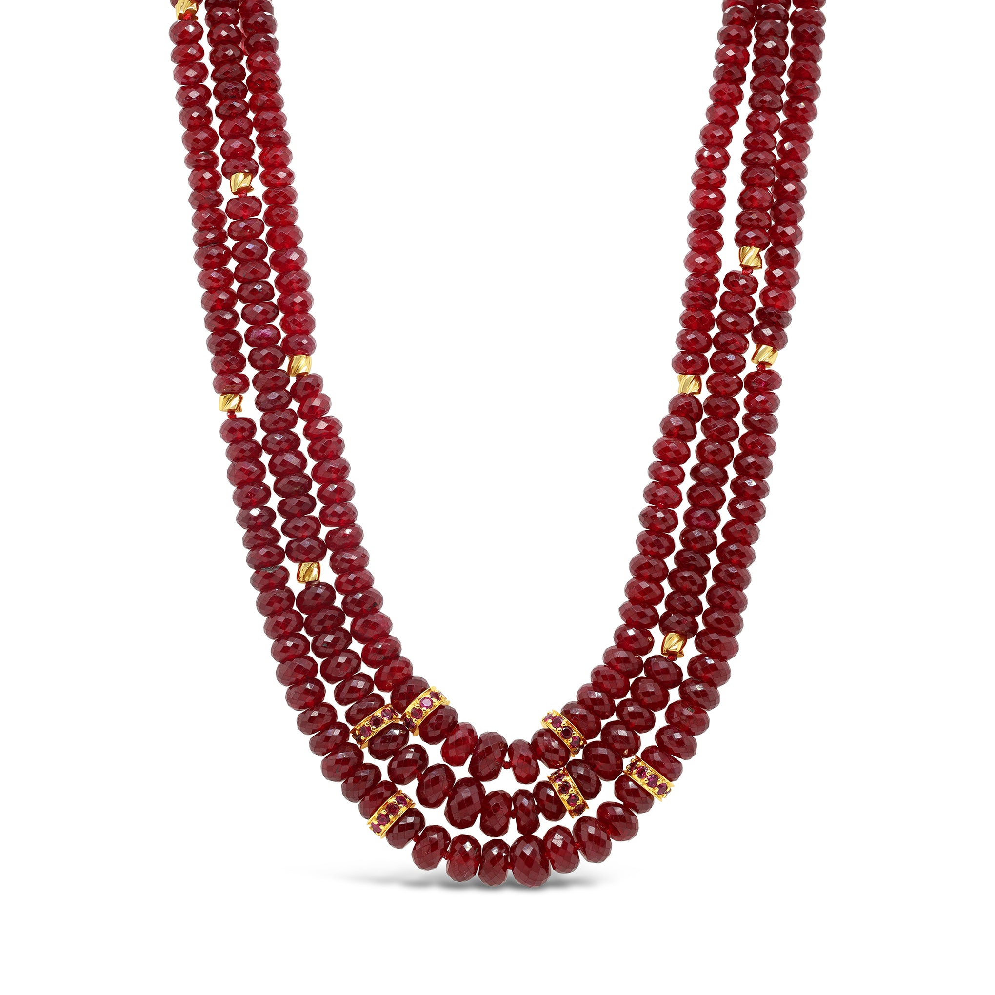 Three-row ruby and diamond beaded necklace