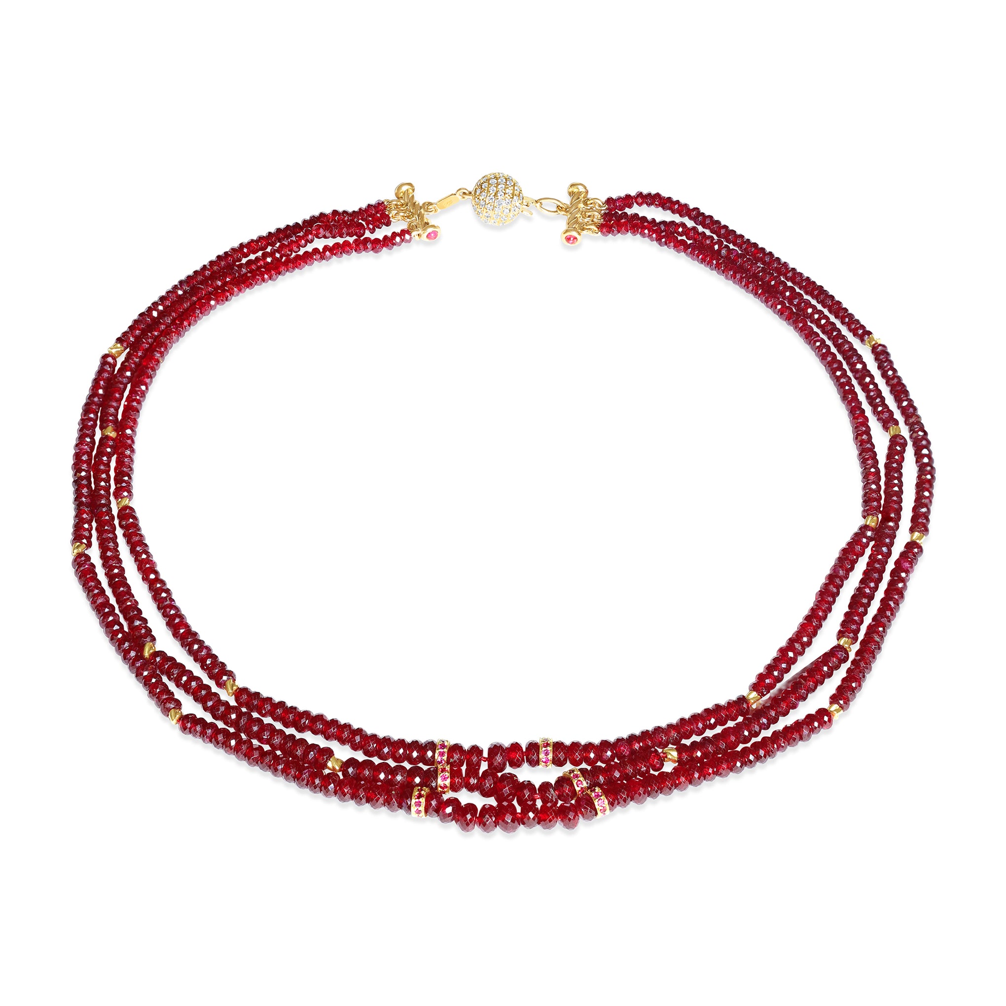 Three-row ruby and diamond beaded necklace