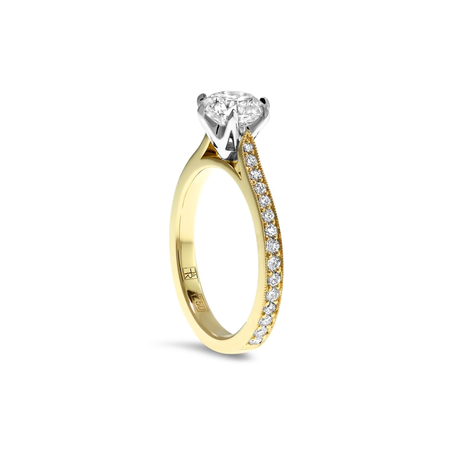 round brilliant cut diamond engagement ring thread set band yellow gold