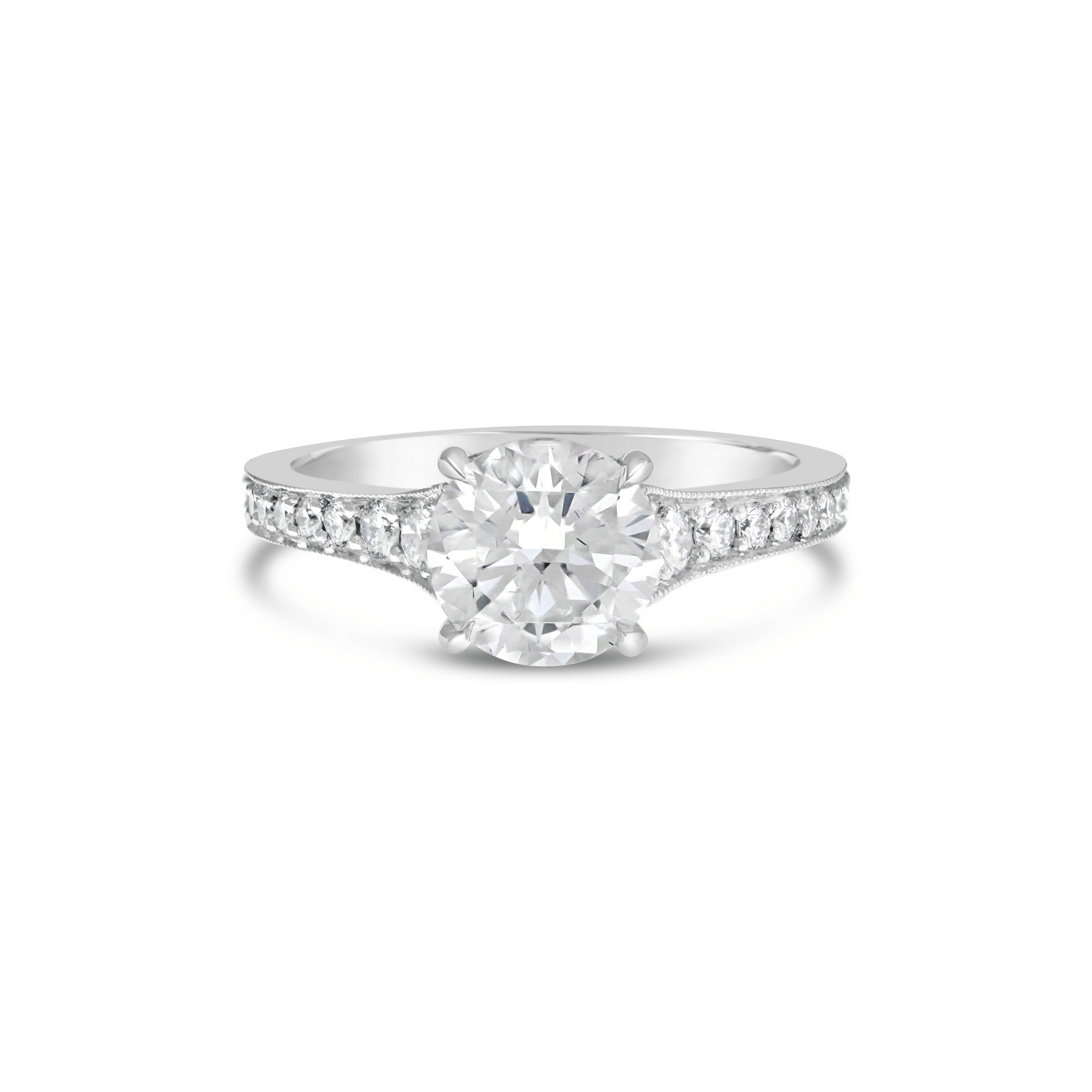 TIMELESS ROMANCE ROUND BRILLIANT CUT DIAMOND REVERSE TAPER BAND ENGAGEMENT RING