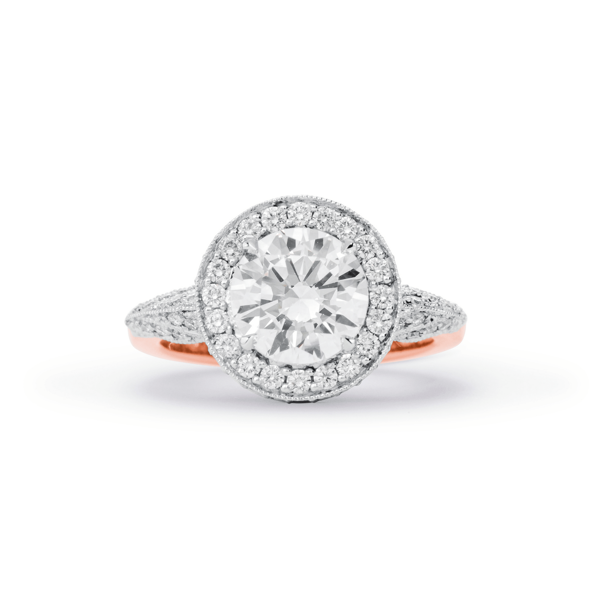 UNCONDITIONALLY YOURS CLAW-SET ROUND BRILLIANT CUT DIAMOND & HALO WITH DIAMOND SHOULDERS ENGAGEMENT RING
