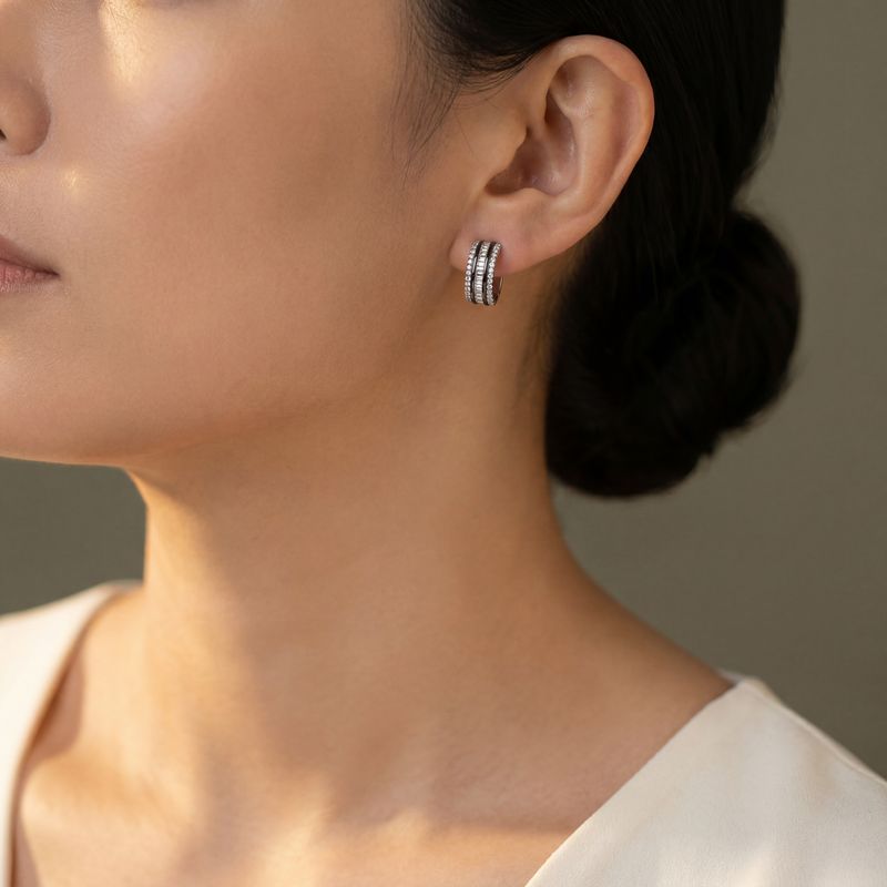 Mixed-Cut Diamond & Black Rhodium Detailing Hoop Earrings