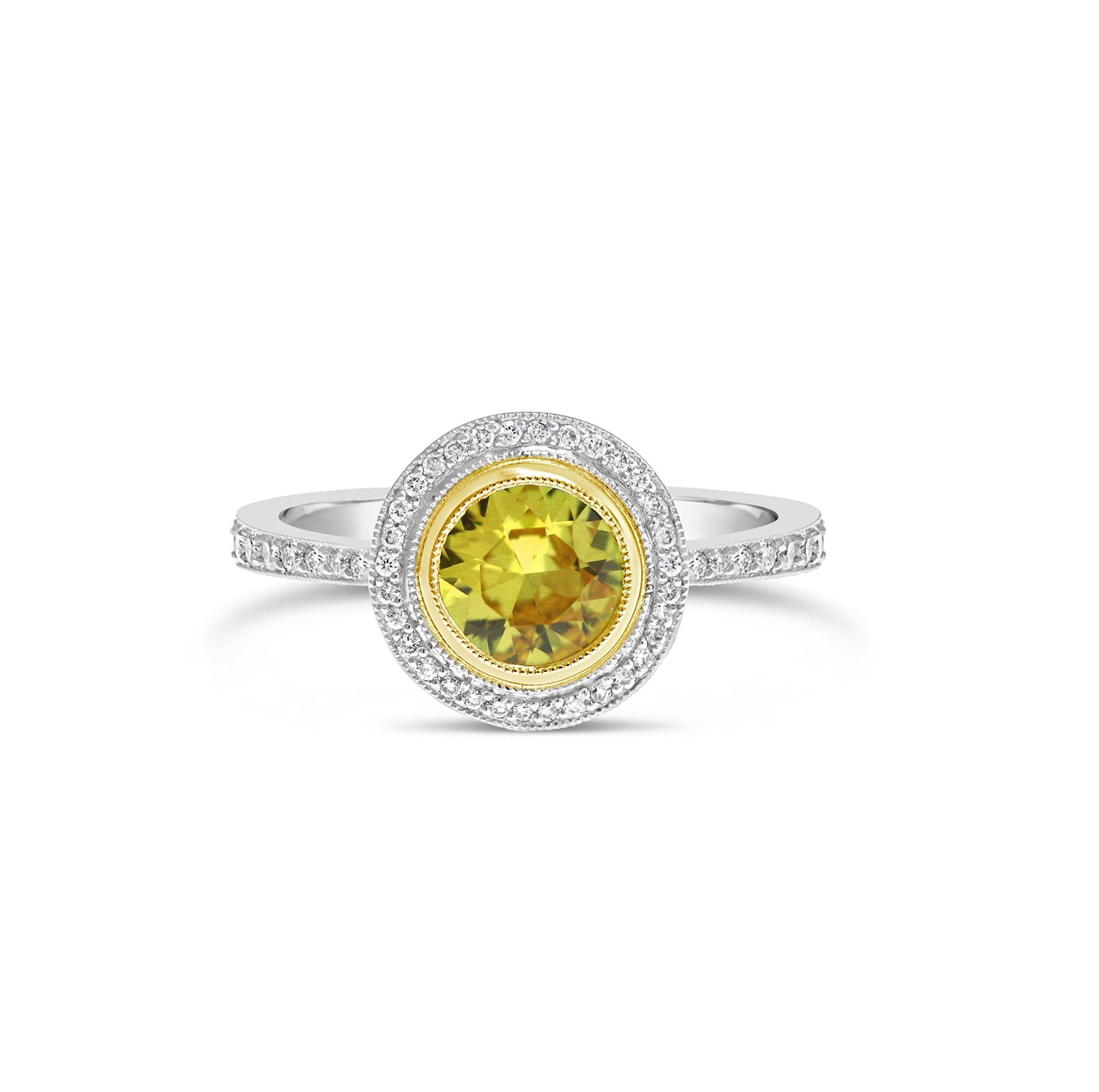 Round Brilliant Cut Yellow Sapphire & Diamond Halo Engagement Ring