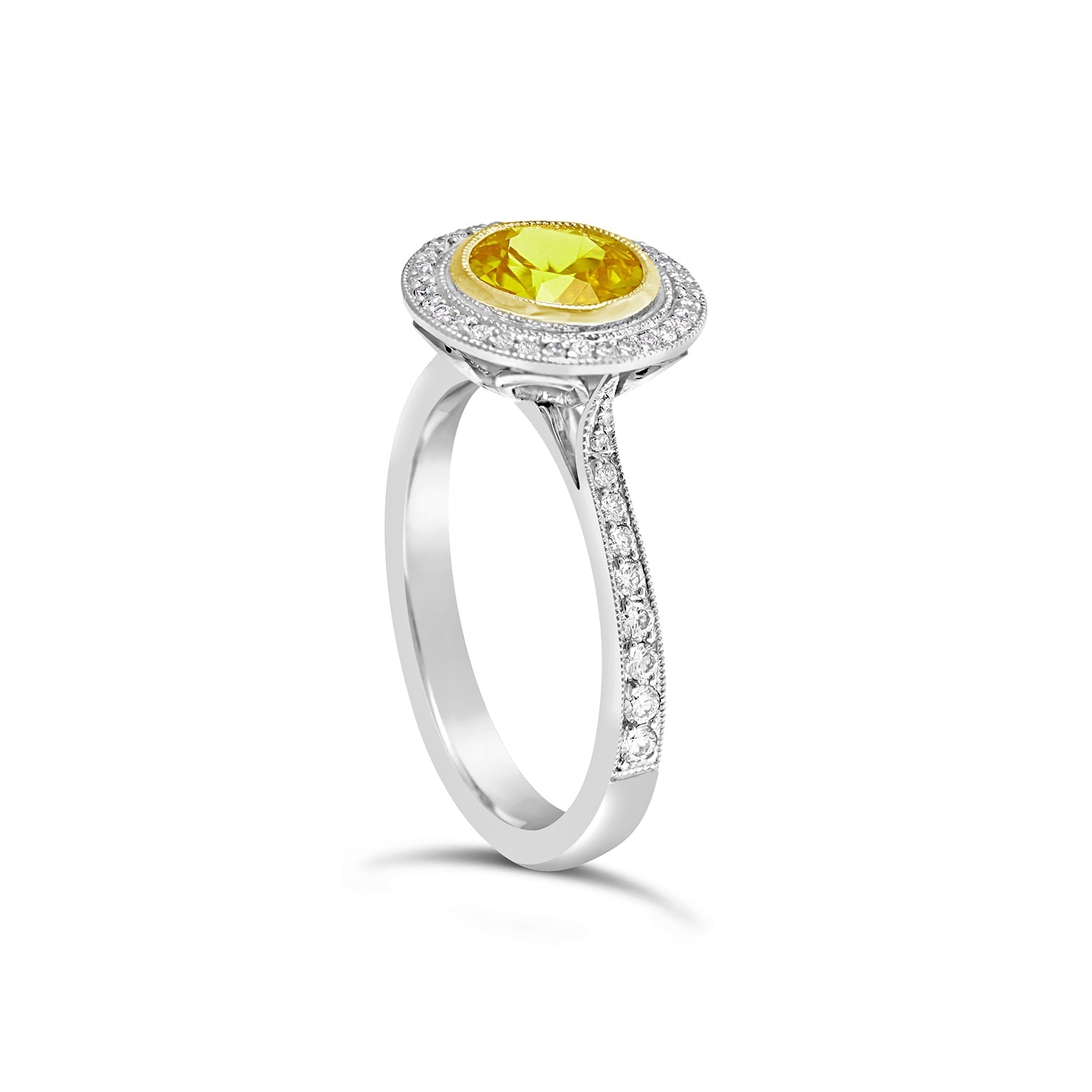 Round Brilliant Cut Yellow Sapphire & Diamond Halo Engagement Ring