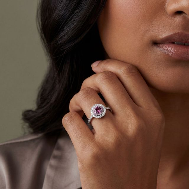 Everlasting Round Brilliant Cut Pink Sapphire & Diamond Halo Engagement Ring
