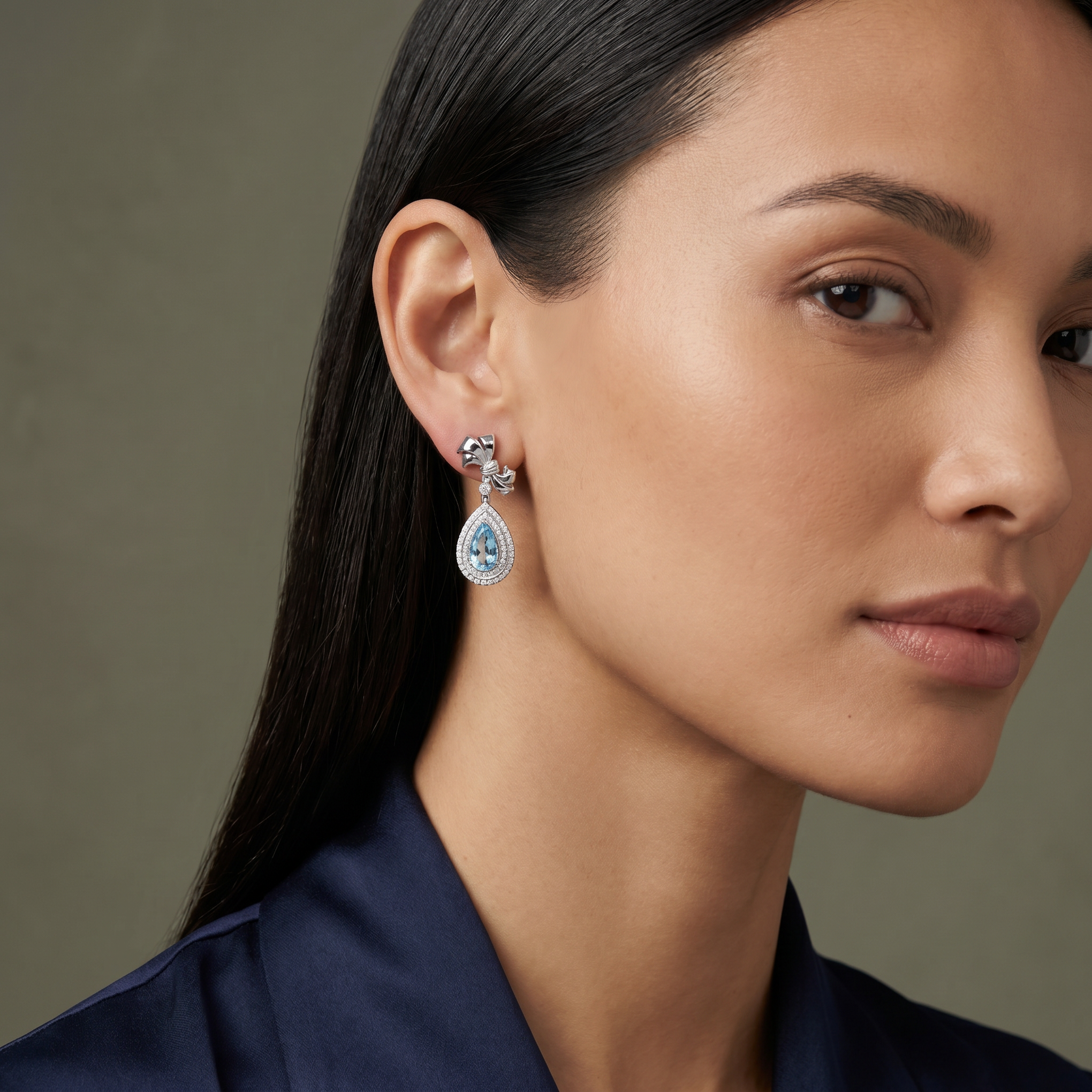 Aquamarine Double-Halo Diamond Drop Earrings in 18ct White Gold