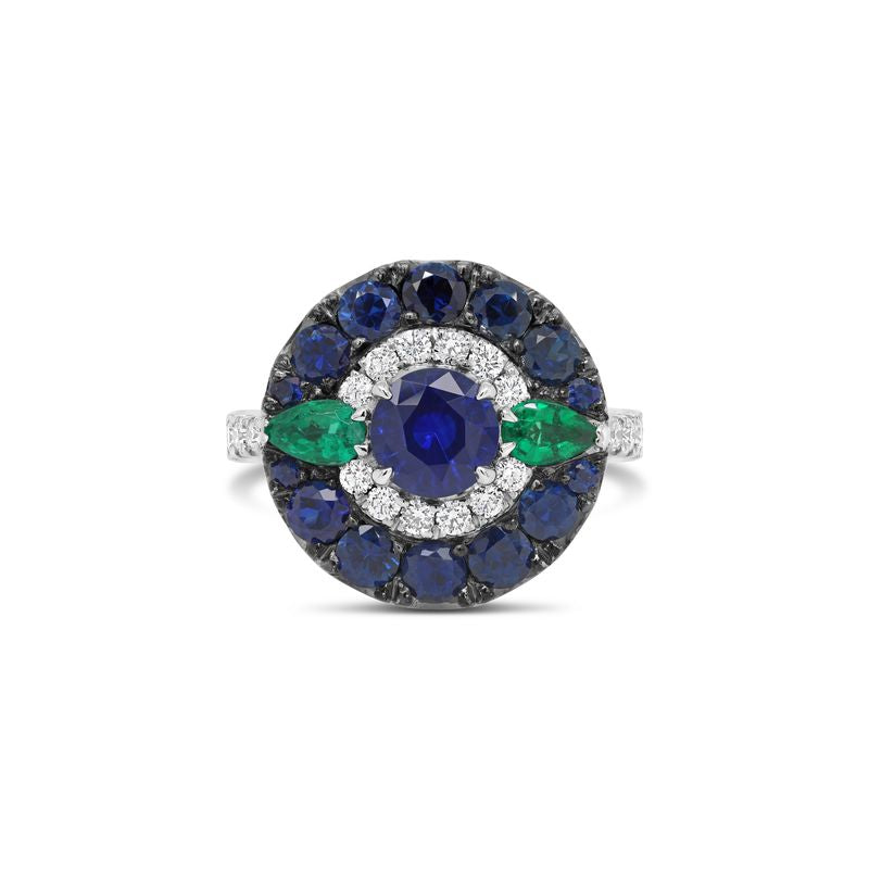 Sapphire, Emerald & Diamond Halo Ring