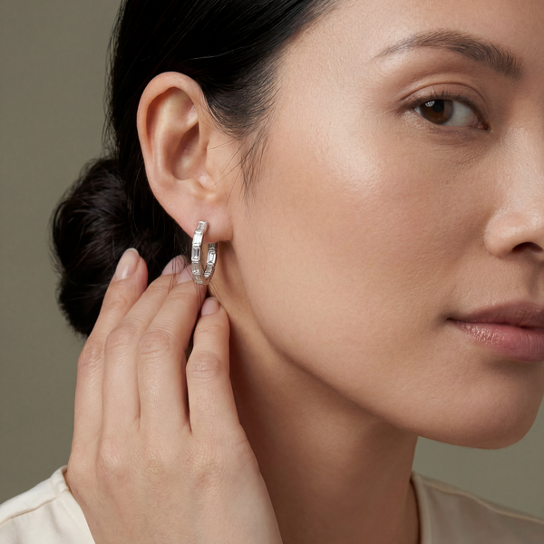 Bezel Set Baguette Diamond Hoop Earrings